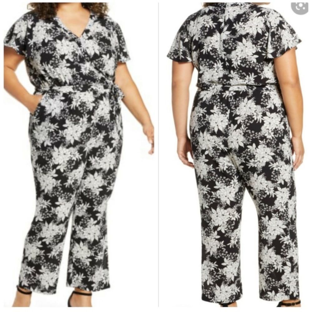 NEW NWT VINCE CAMUTO Rich Black & White Botanical Faux Wrap Jumpsuit